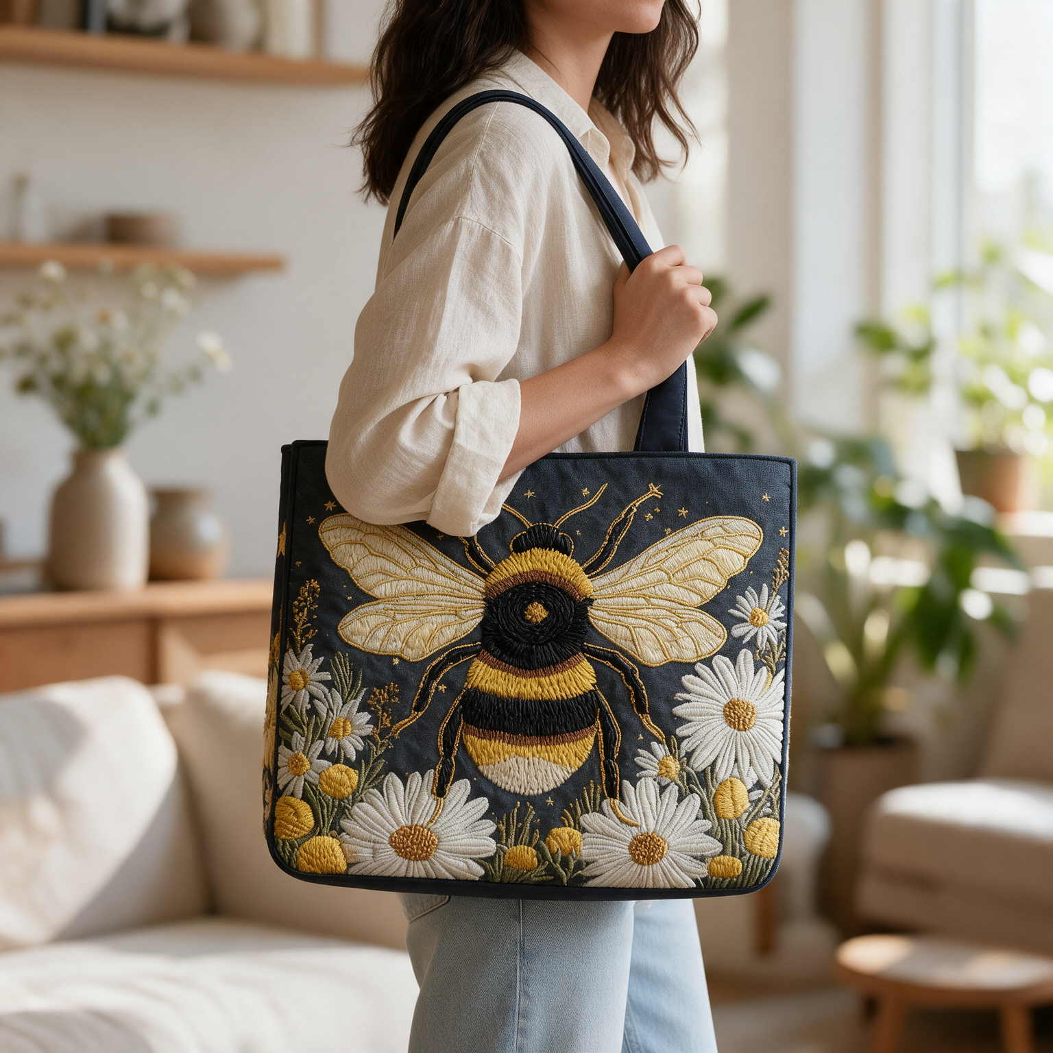 Bea quilted tote bag worn on the shoulder