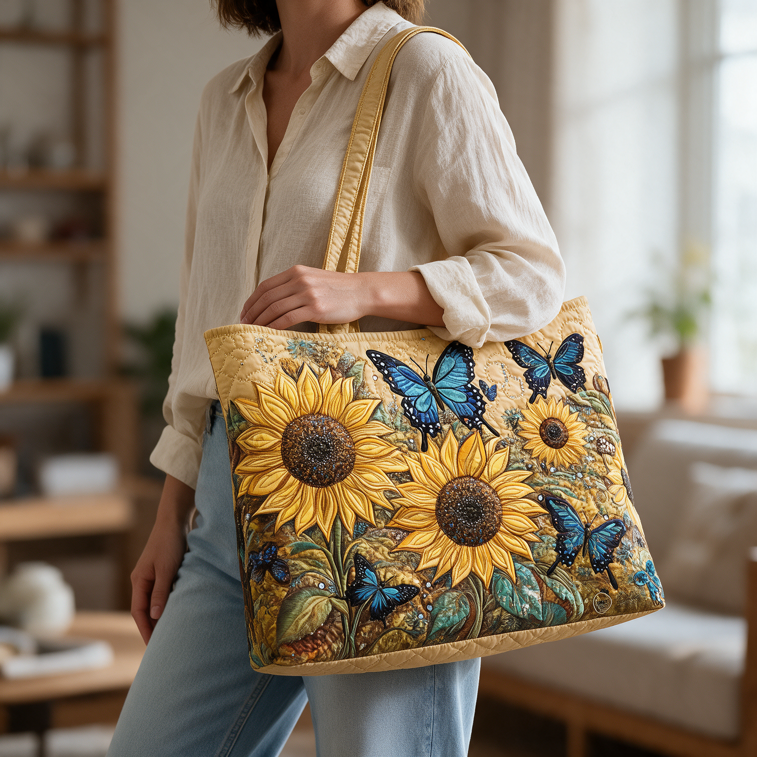 Sue quilted tote bag worn on the shoulder