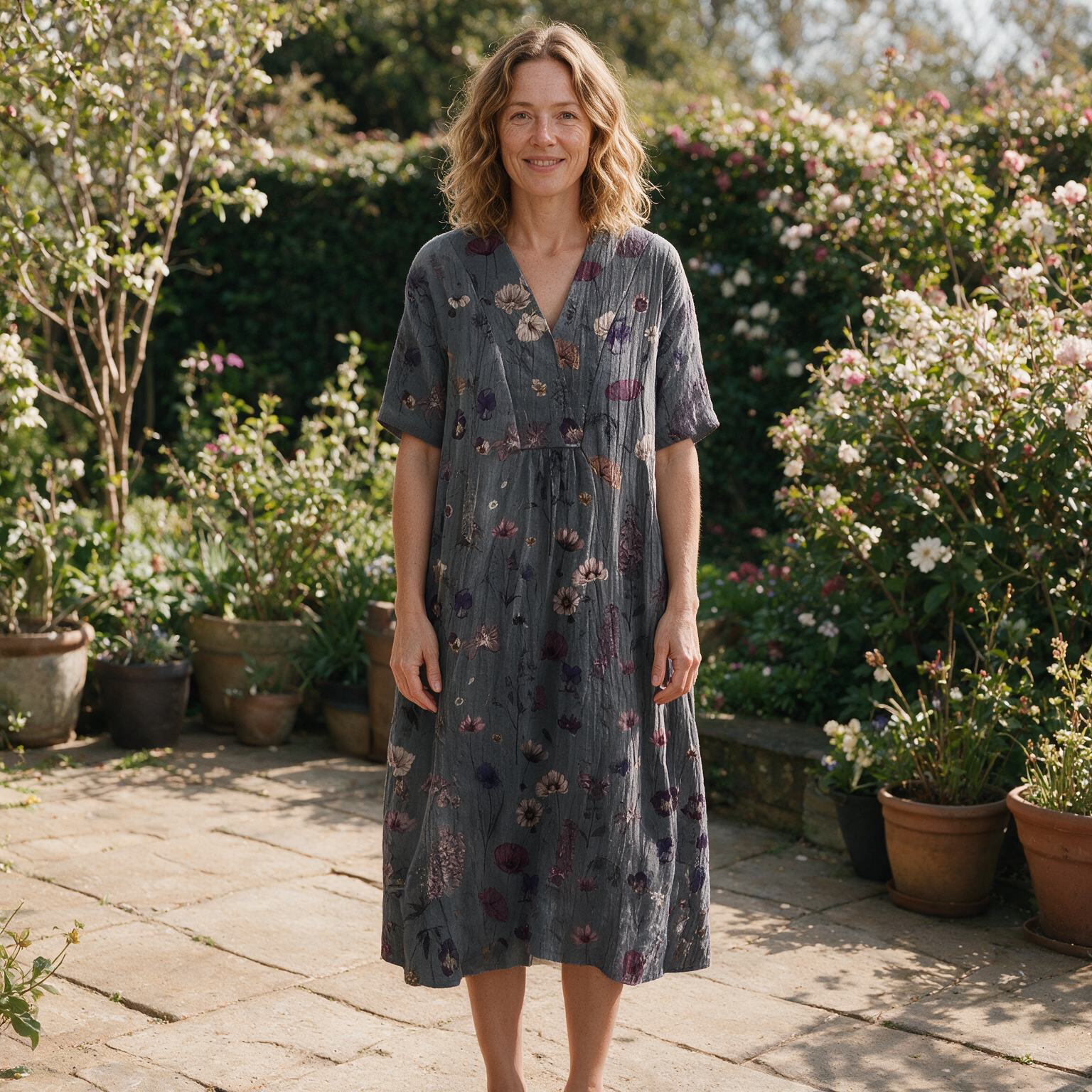 Marnie spring dress front view on garden terrace
