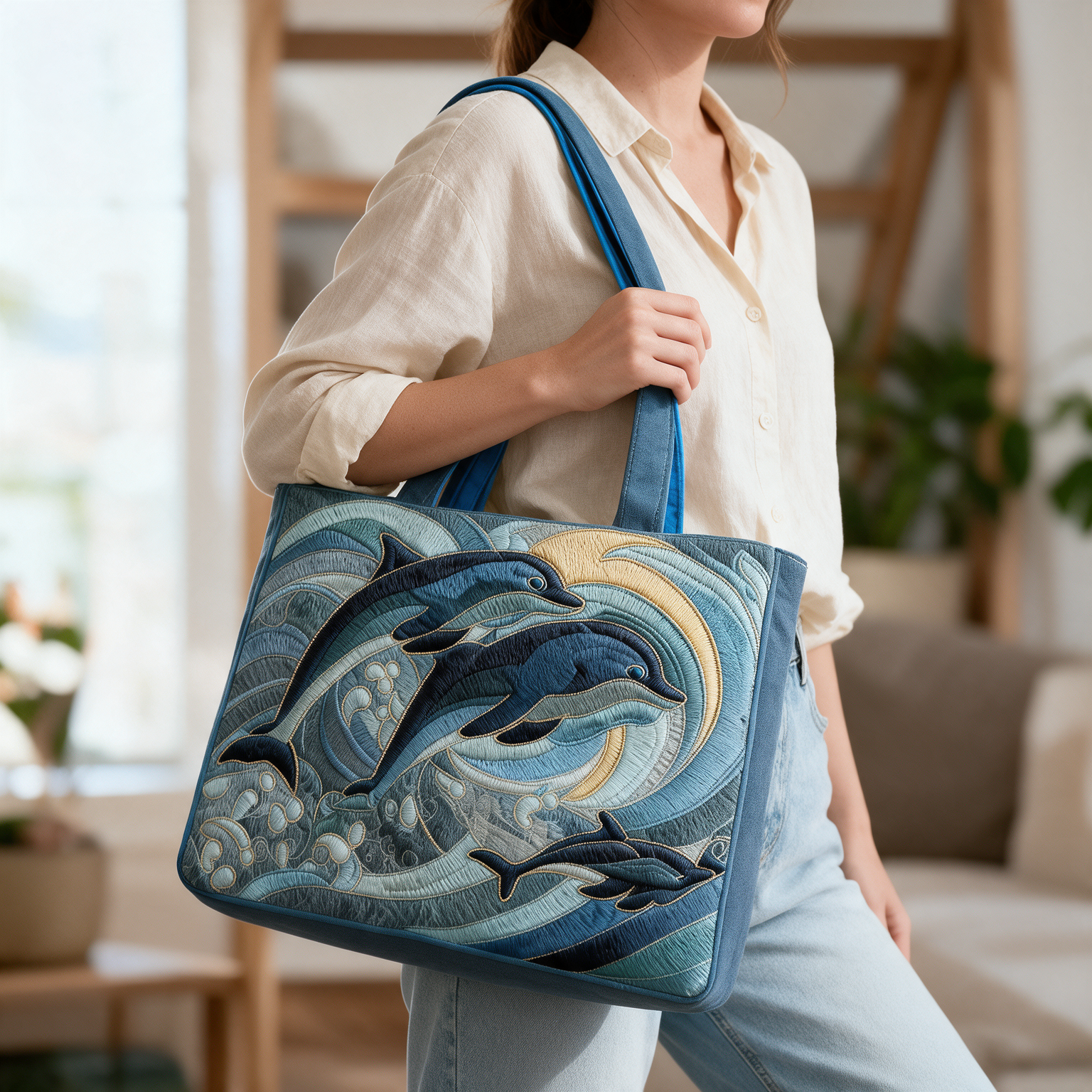 Shirley quilted tote bag worn on the shoulder