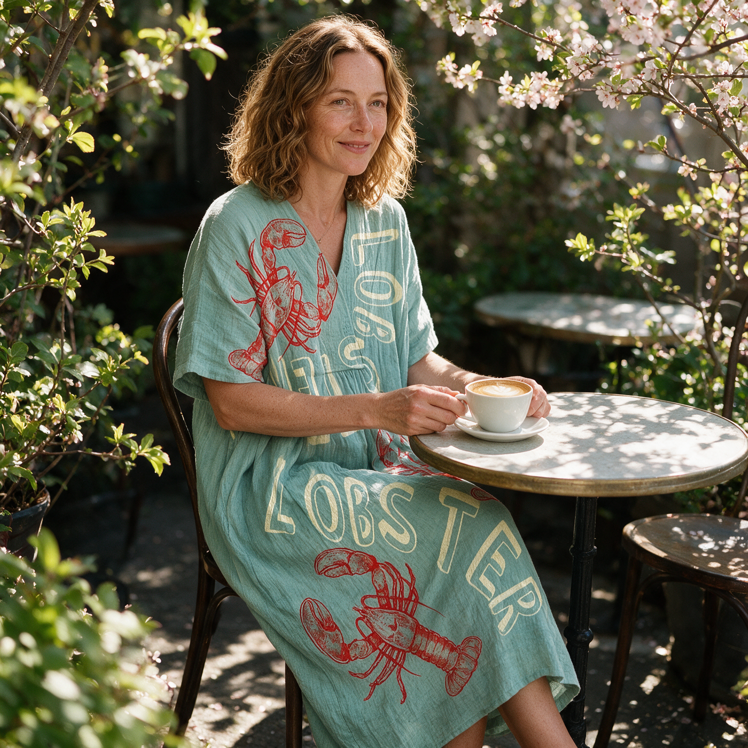 Kate spring dress three quarter view at an outdoor cafe
