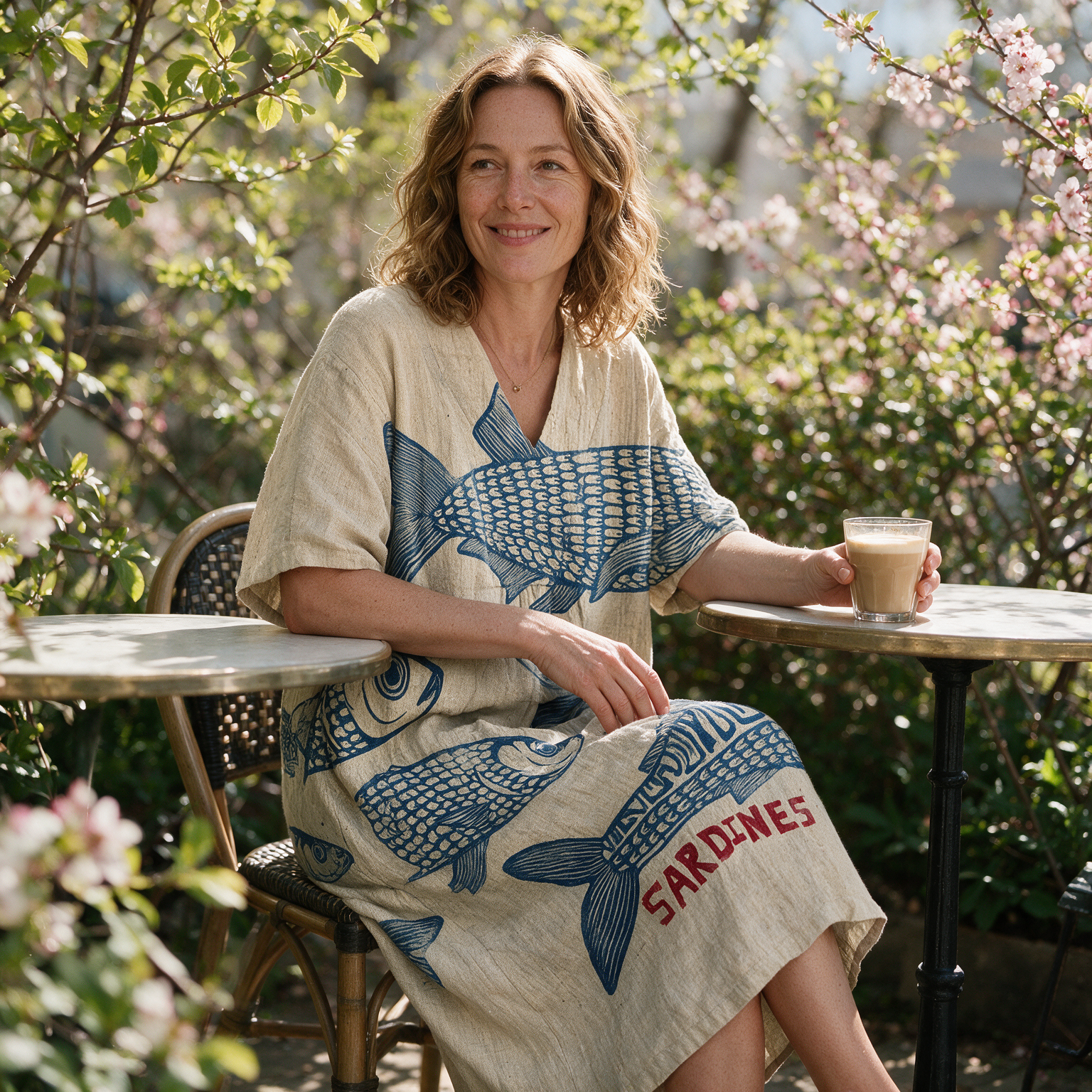 Sandra spring dress three quarter view at an outdoor cafe