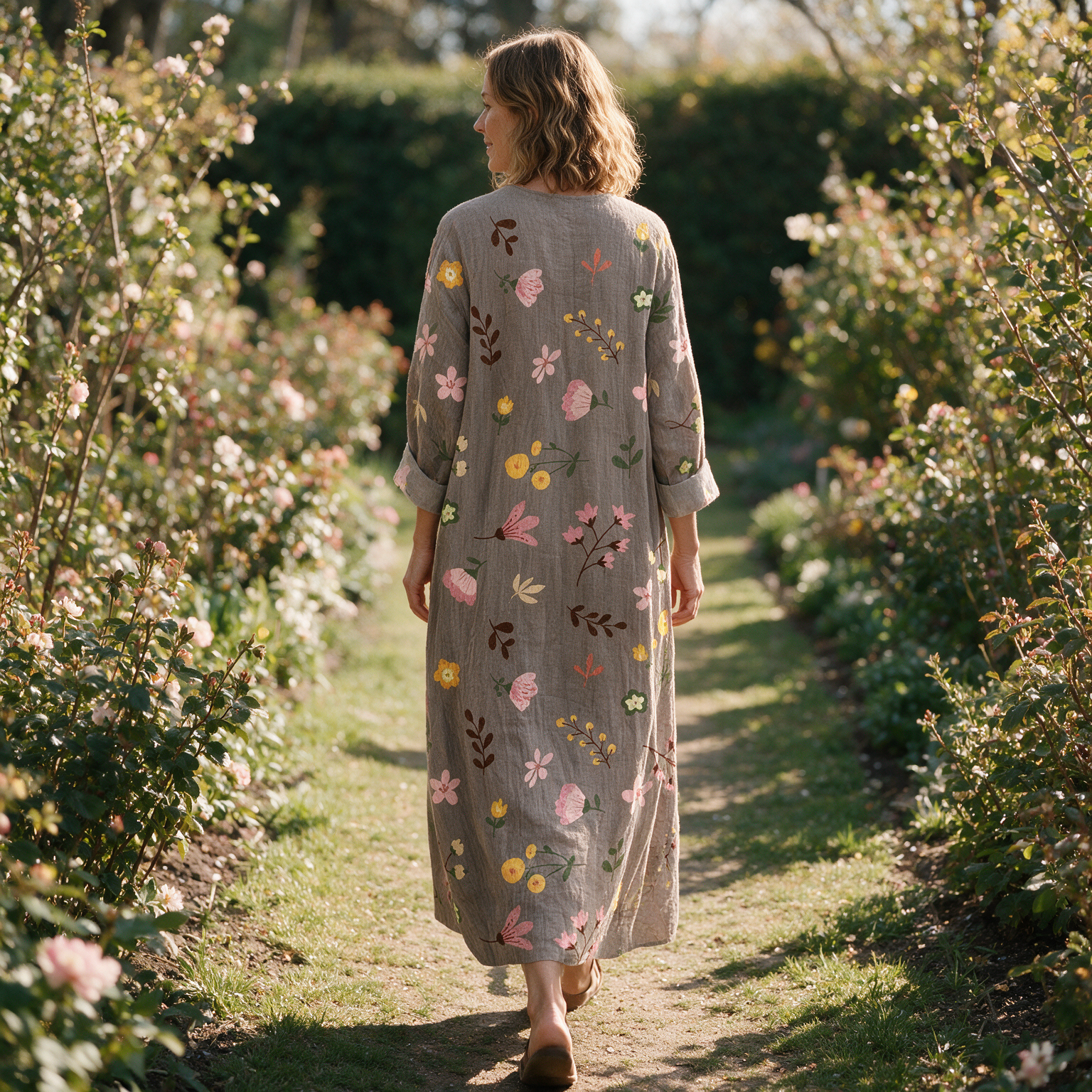 Gillian spring dress back view on a garden path