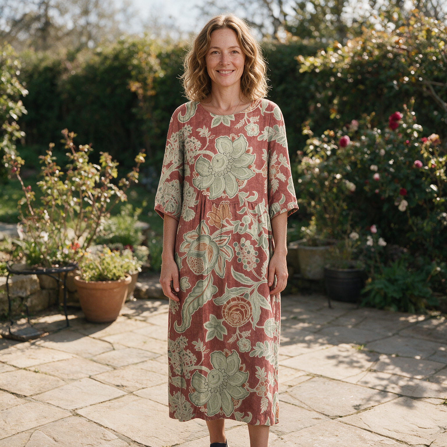 Kirstie spring dress front view on garden terrace