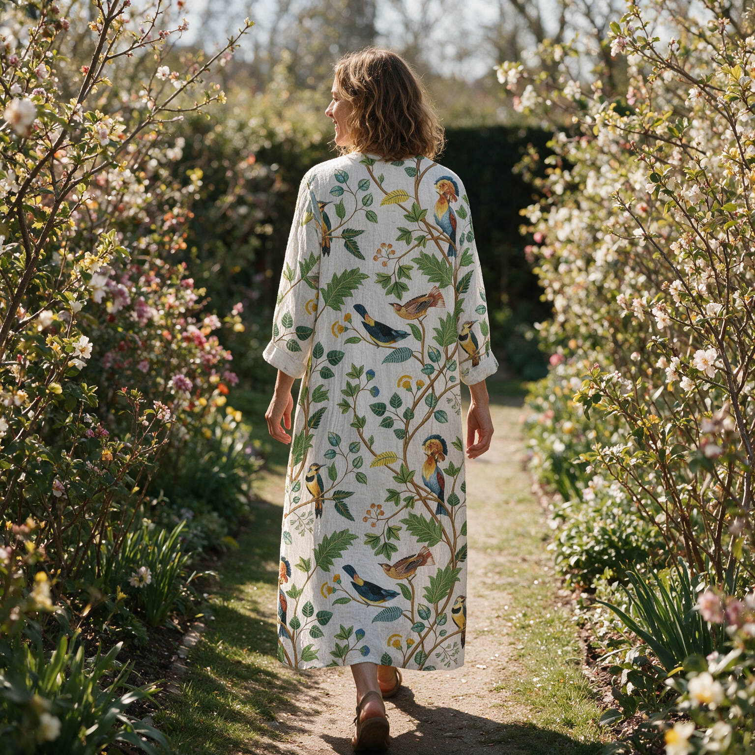 Elise spring dress back view on a garden path