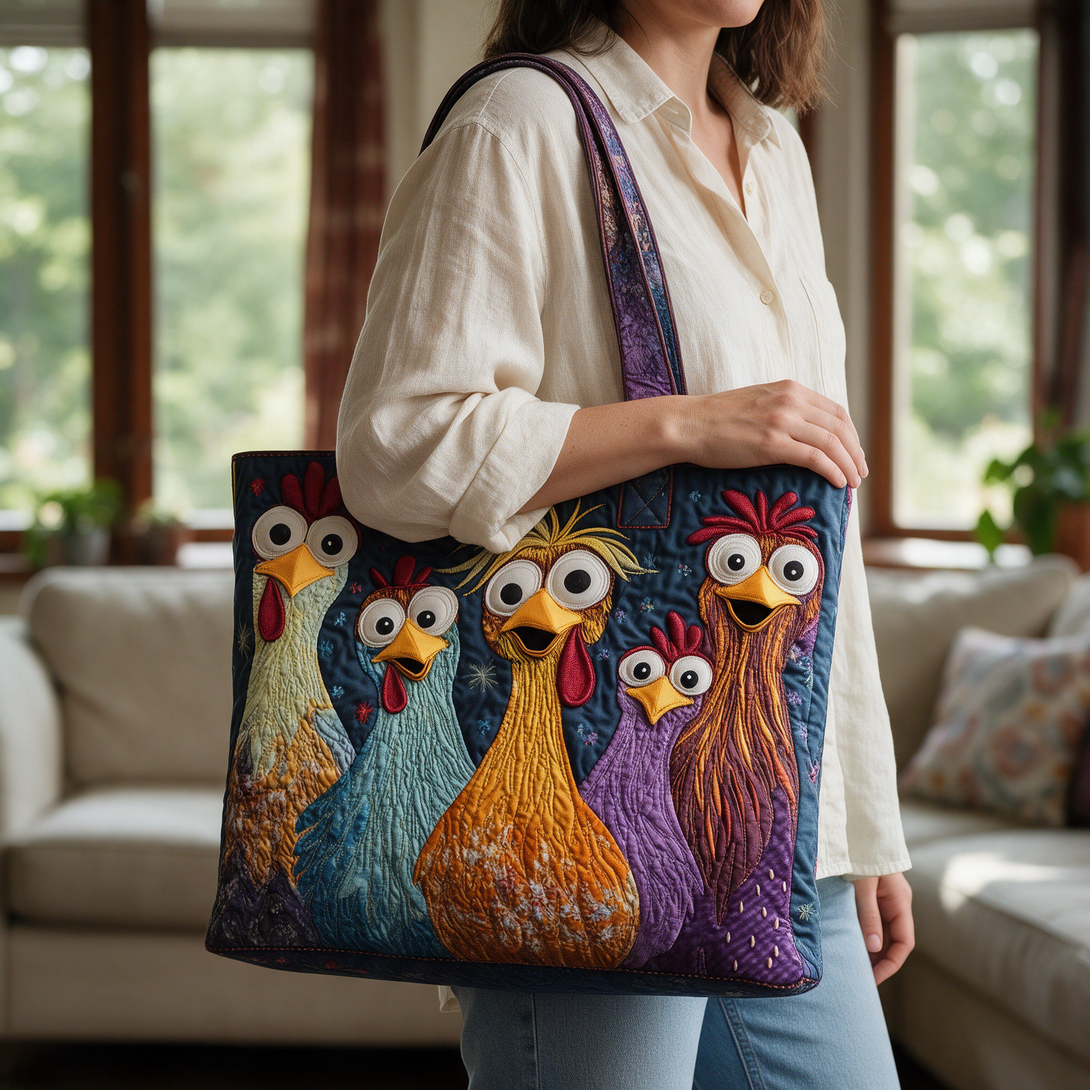 Chrissie quilted tote bag worn on the shoulder