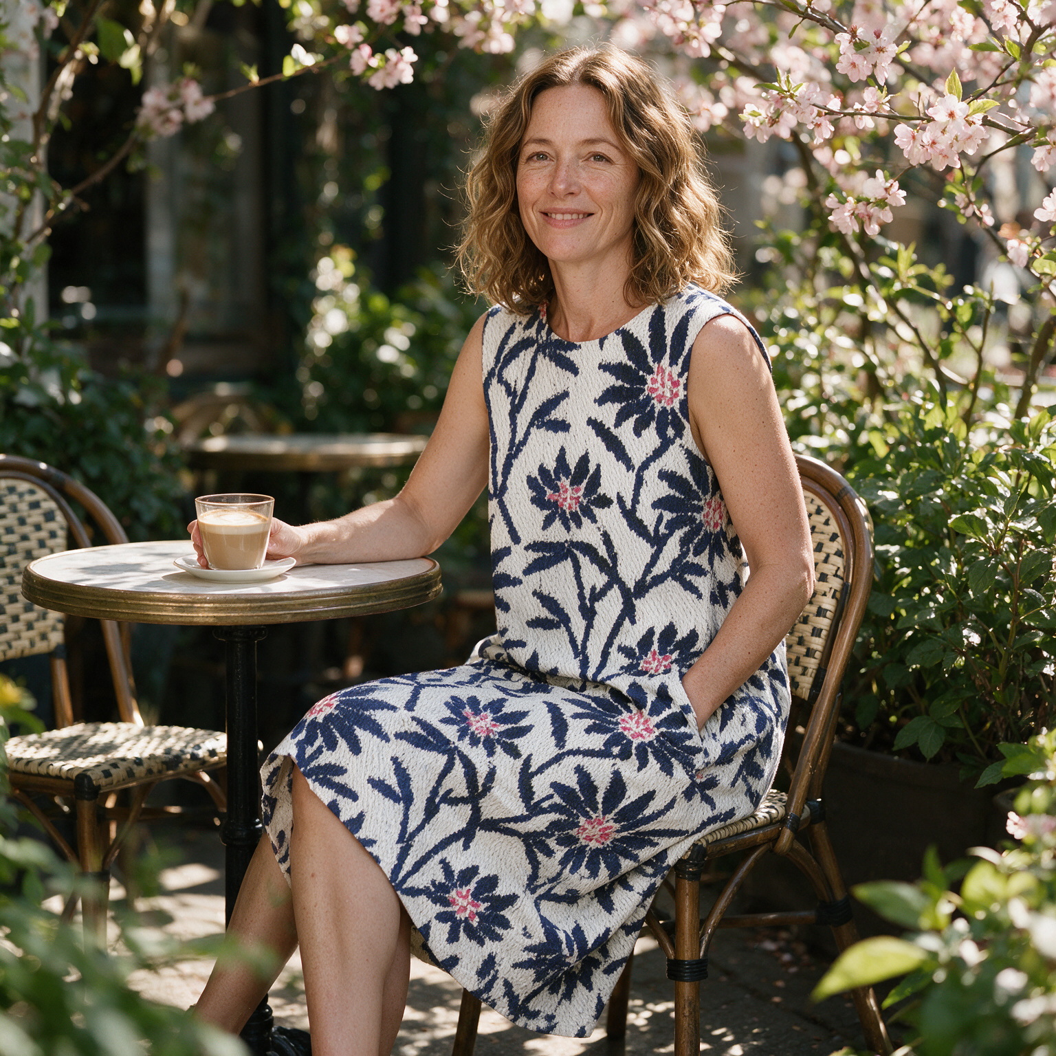 Zara spring dress three quarter view at an outdoor cafe