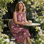 Jenny spring dress three quarter view at an outdoor cafe