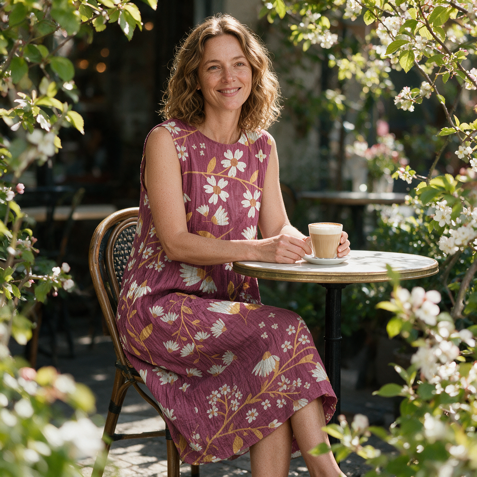Jenny spring dress three quarter view at an outdoor cafe