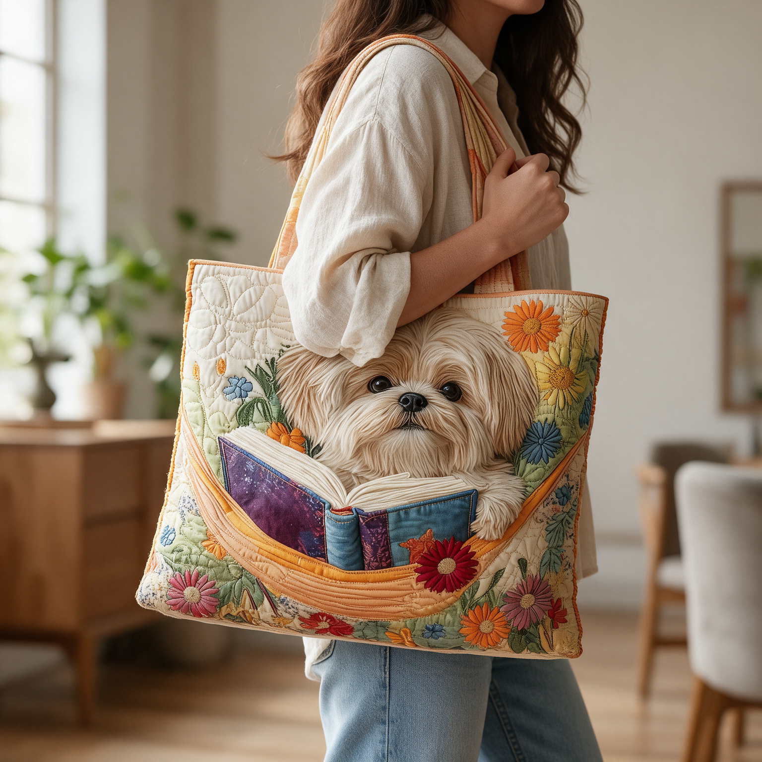 Debbie quilted tote bag worn on the shoulder
