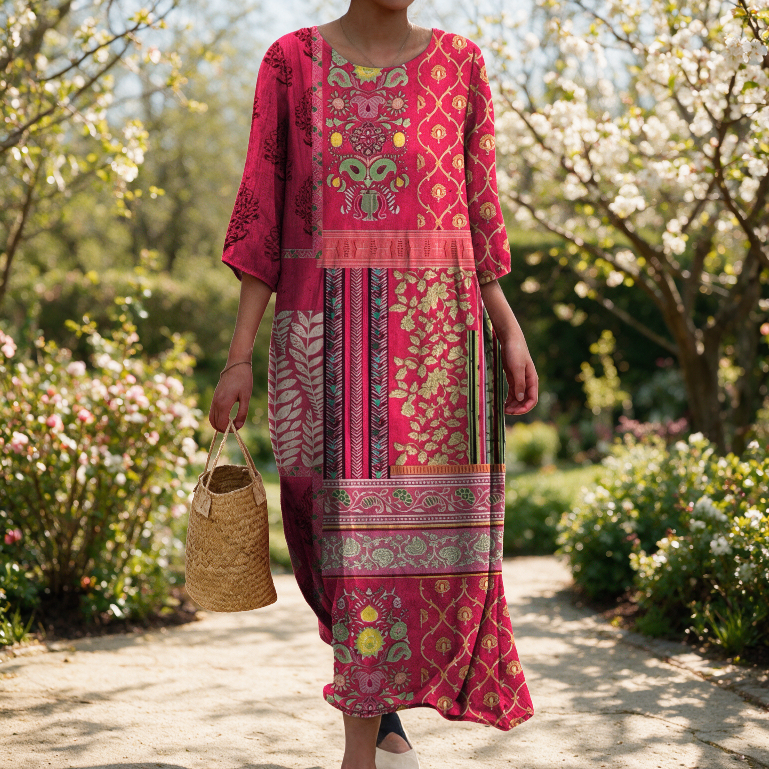 Willow spring dress in a sunlit garden