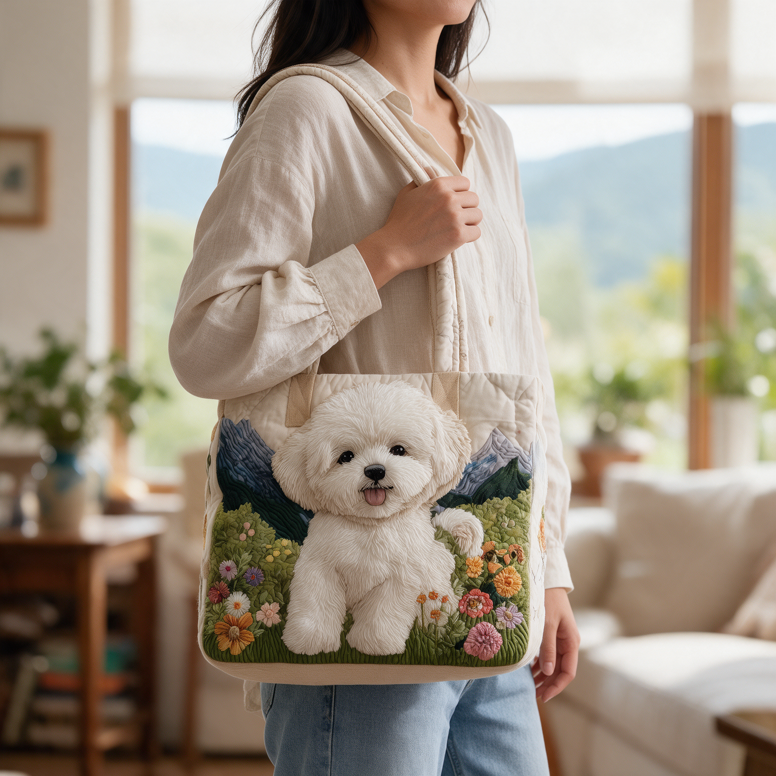 Dot quilted tote bag worn on the shoulder