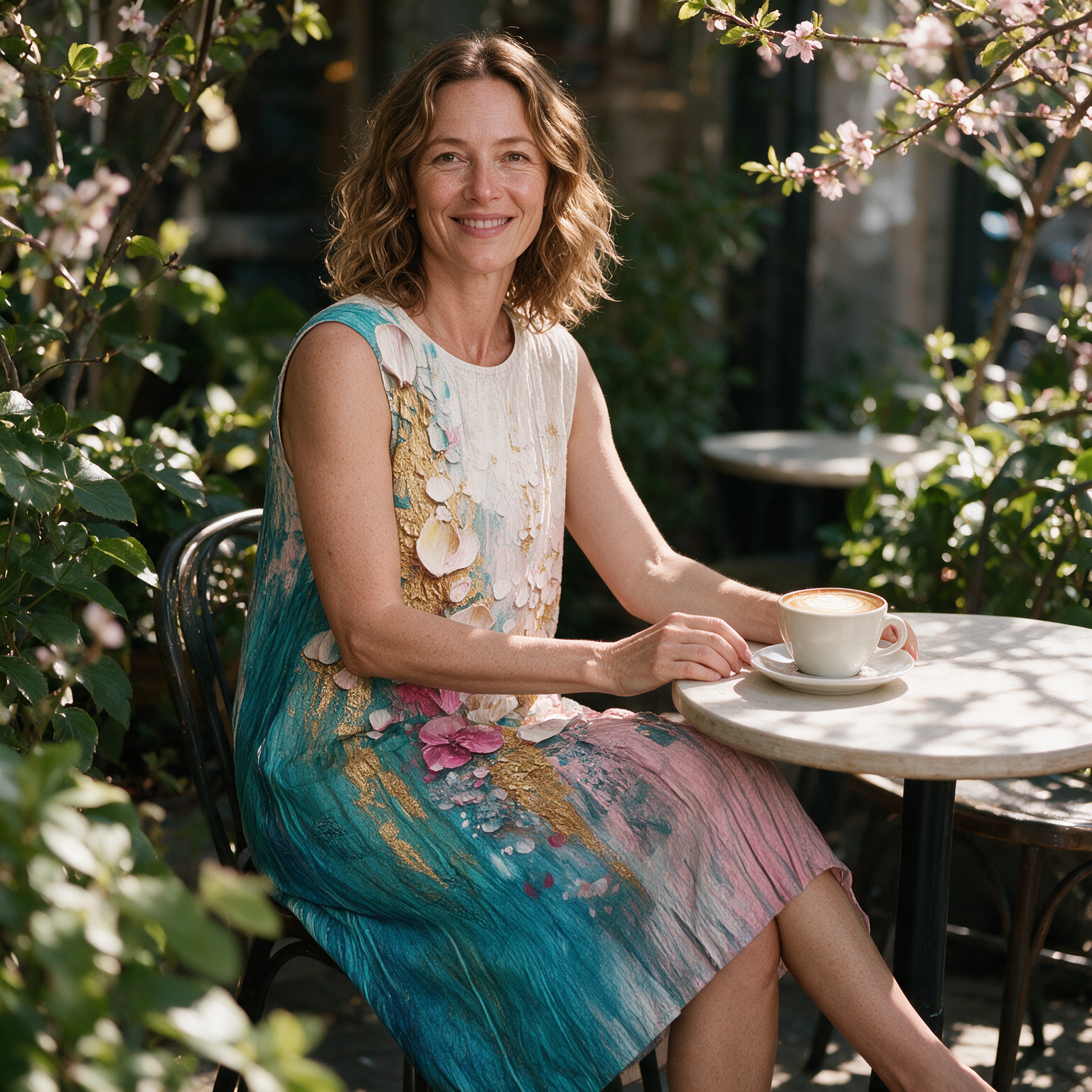 Renee spring dress three quarter view at an outdoor cafe