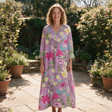 Pippa spring dress front view on garden terrace