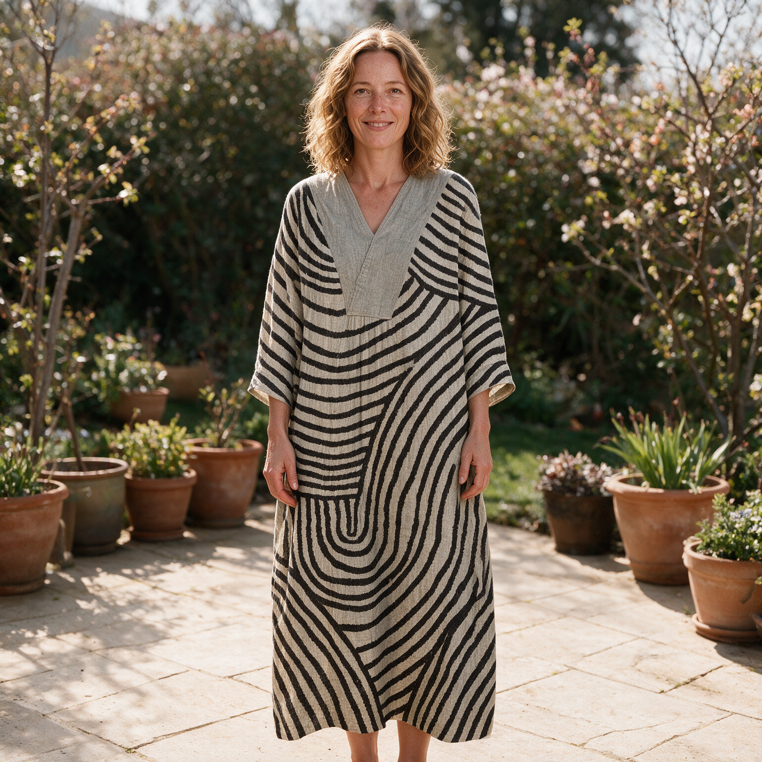 Sienna spring dress front view on garden terrace