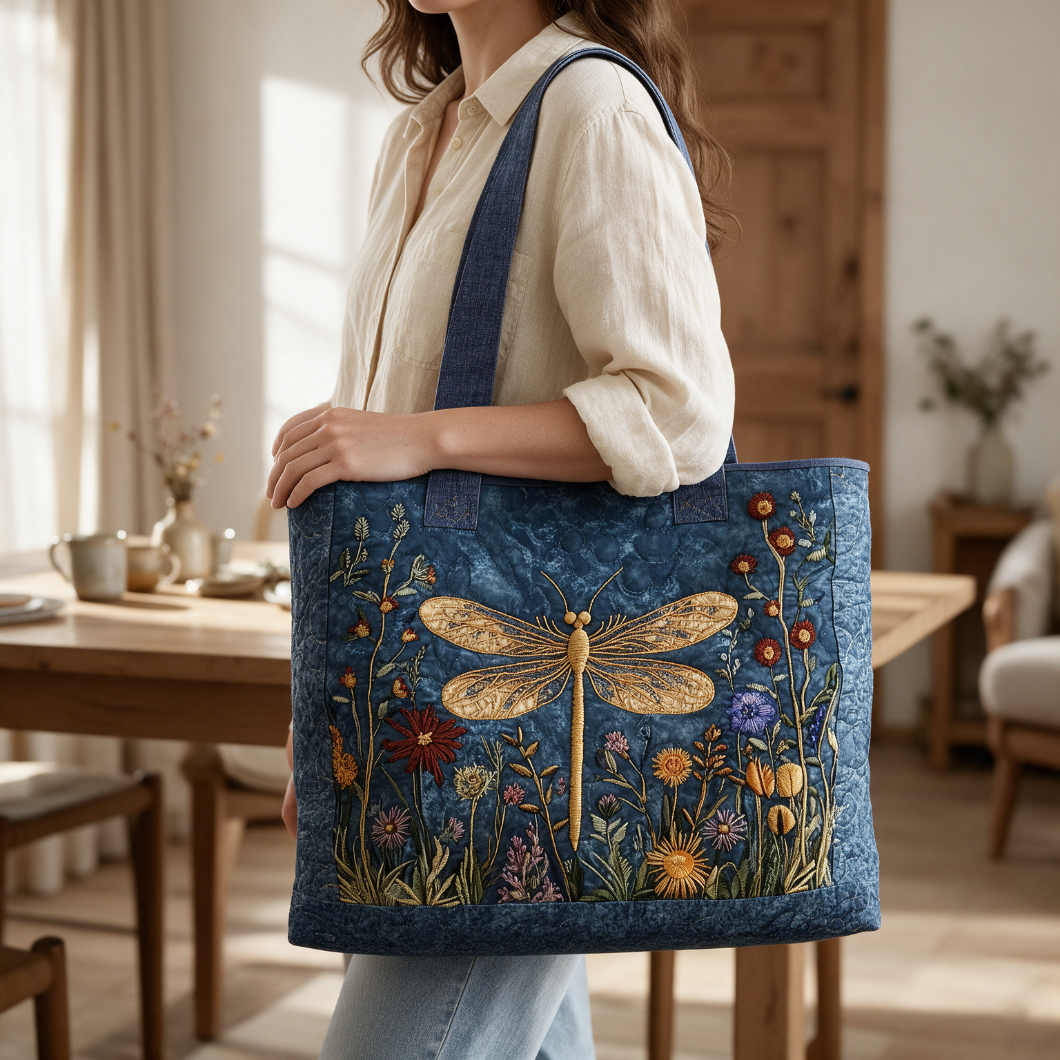 Goldie quilted tote bag worn on the shoulder