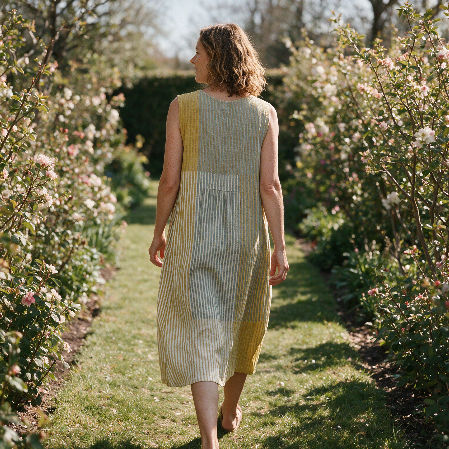 Bridie spring dress back view on a garden path