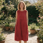 Tamsin spring dress front view on garden terrace