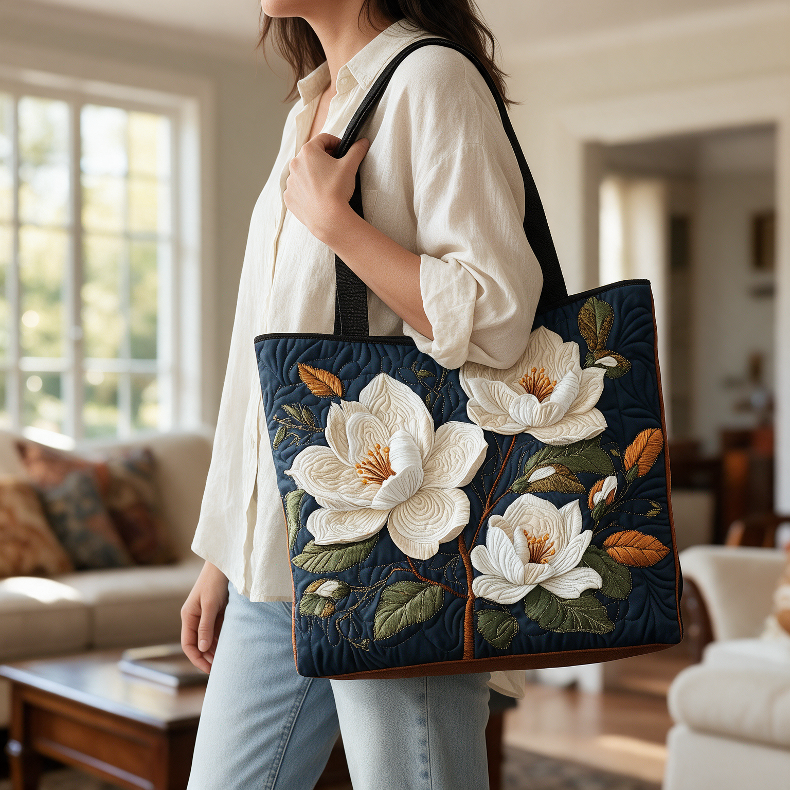 Magnolia quilted tote bag worn on the shoulder