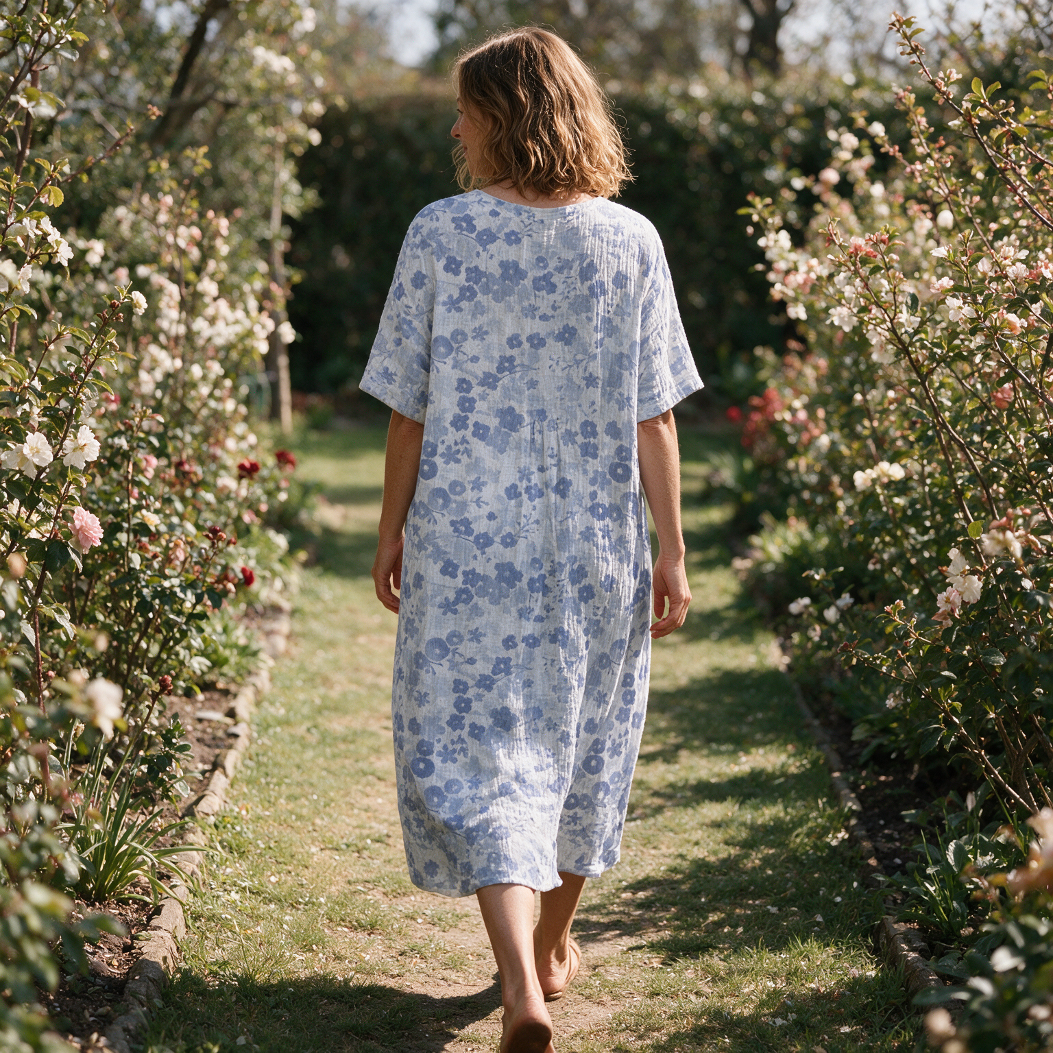 Nadine spring dress back view on a garden path