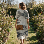 Margie spring dress back view on a garden path