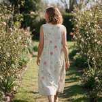 Zoe spring dress back view on a garden path