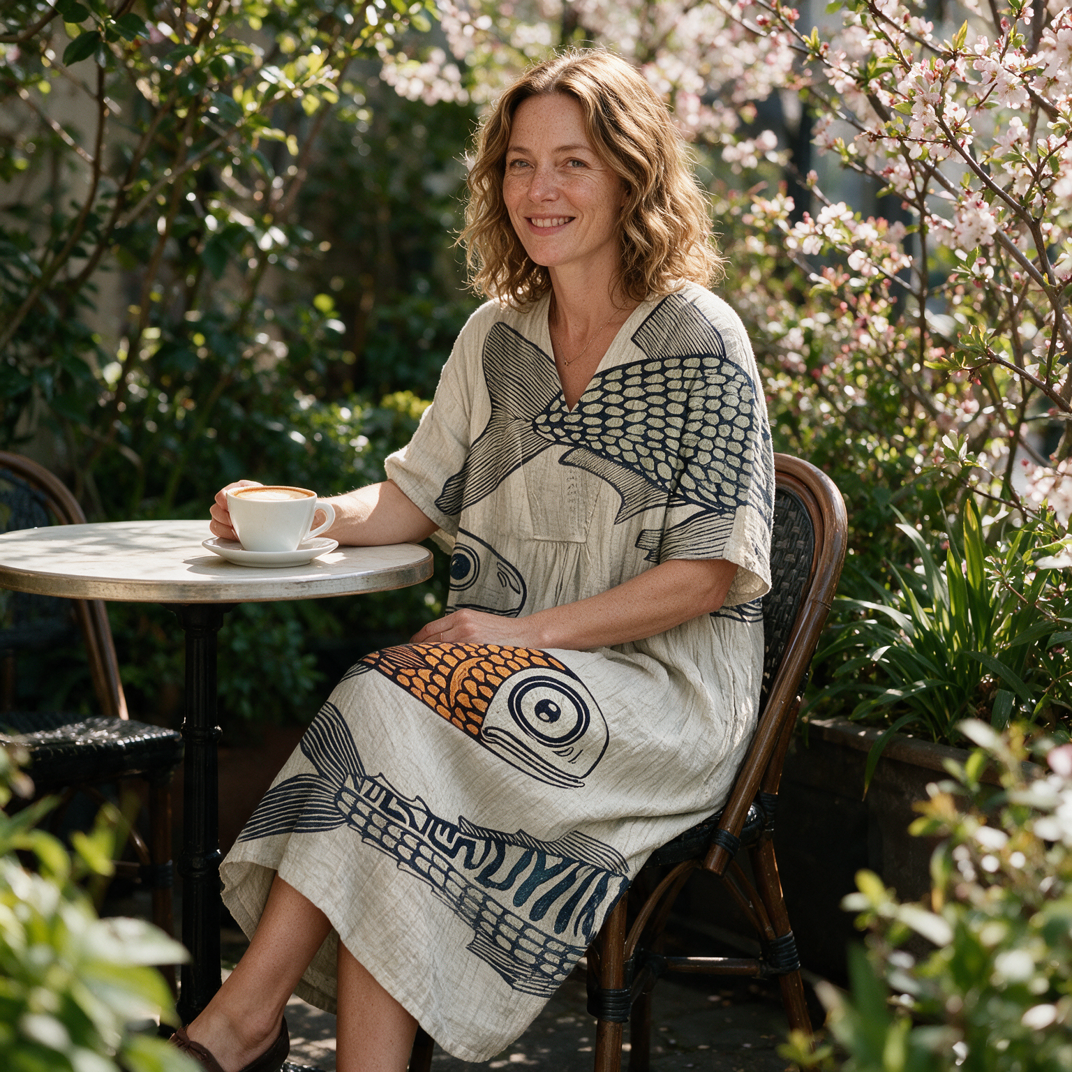 Margie spring dress three quarter view at an outdoor cafe