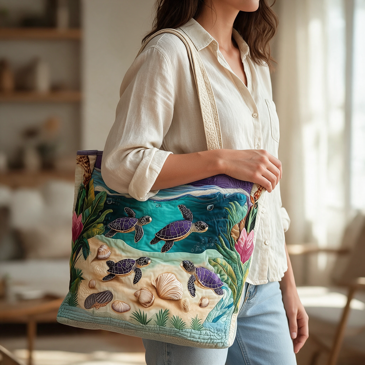 Carmel quilted tote bag worn on the shoulder