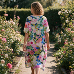 Caline spring dress back view on a garden path
