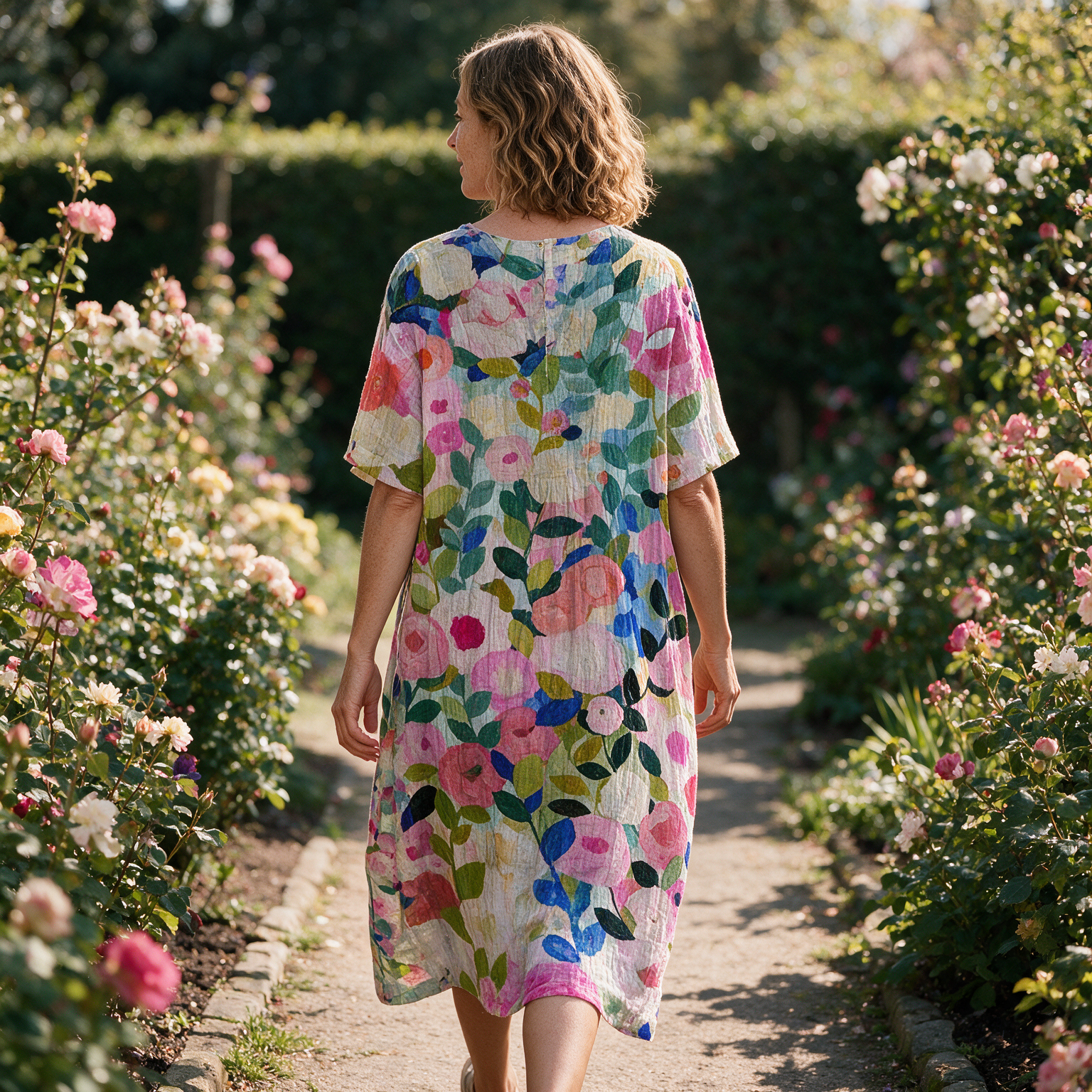Caline spring dress back view on a garden path