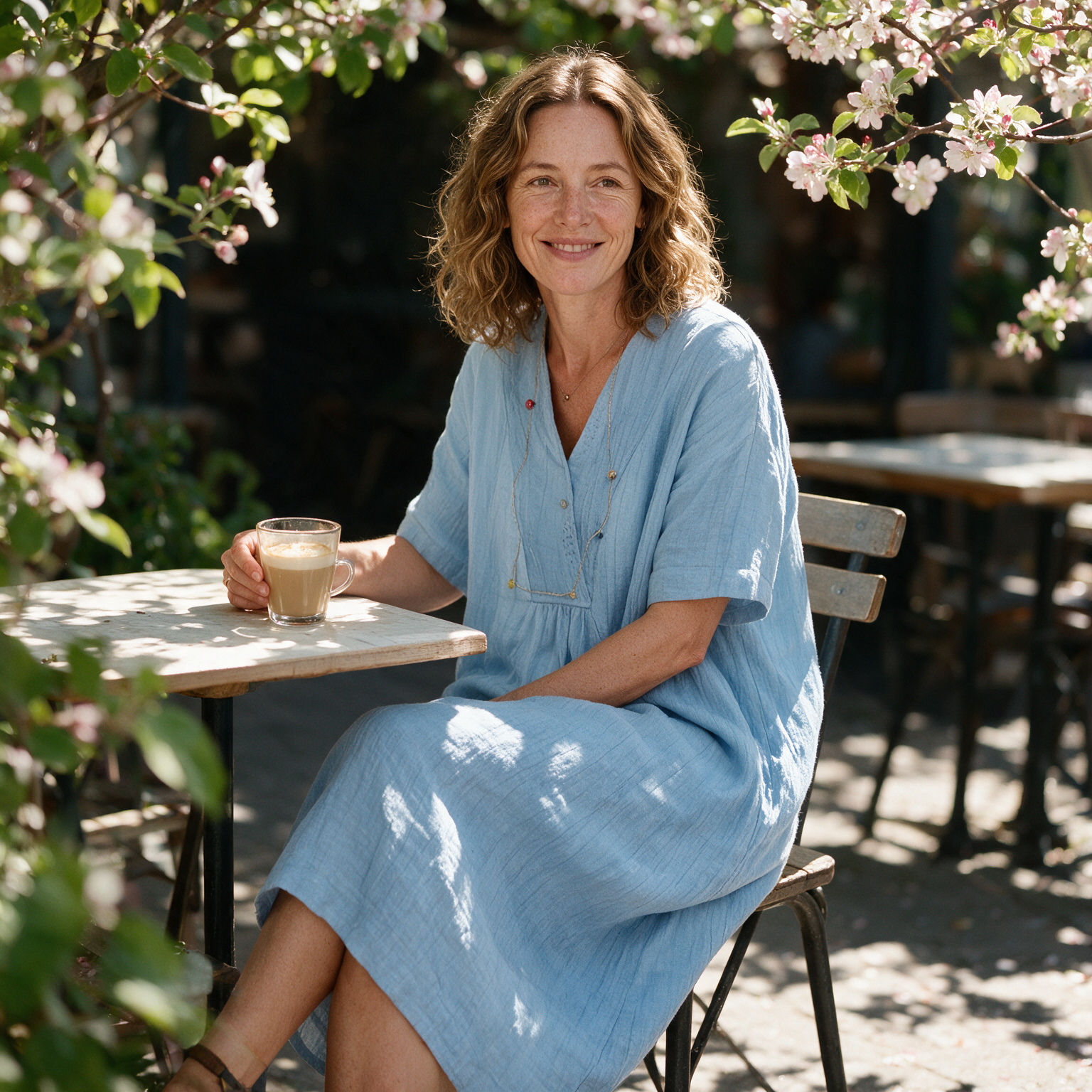Leanne spring dress three quarter view at an outdoor cafe