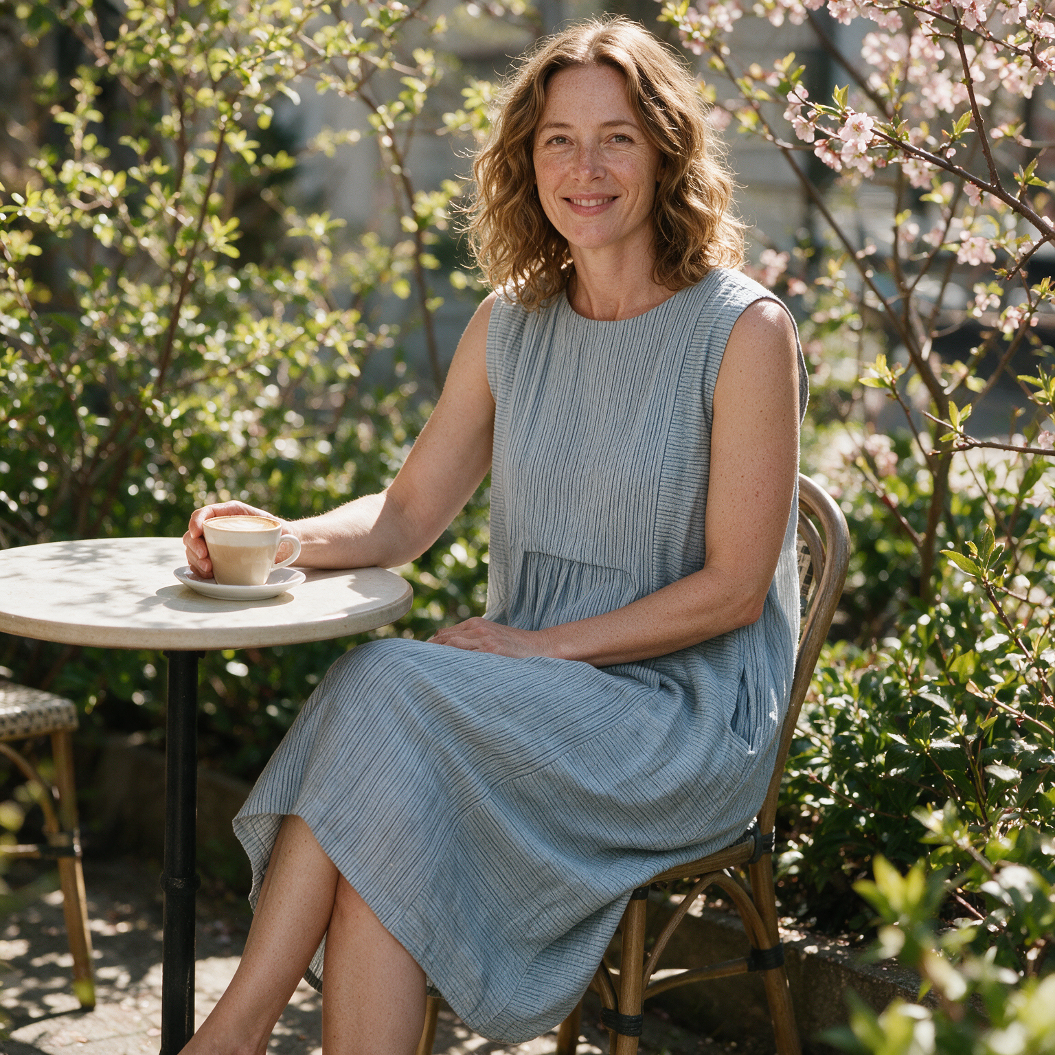 Marlene spring dress three quarter view at an outdoor cafe