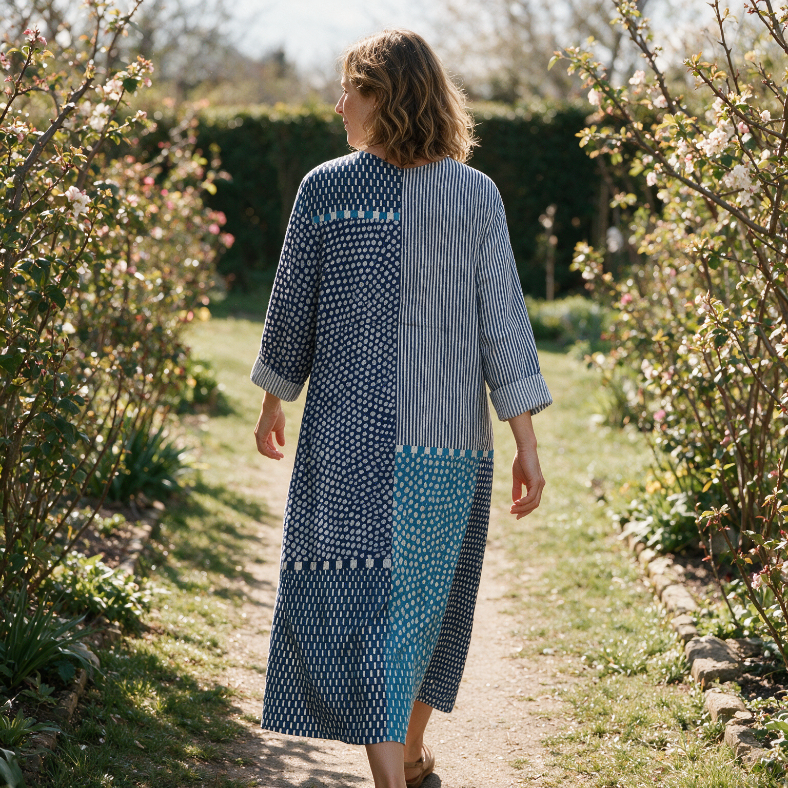 Bronte spring dress back view on a garden path