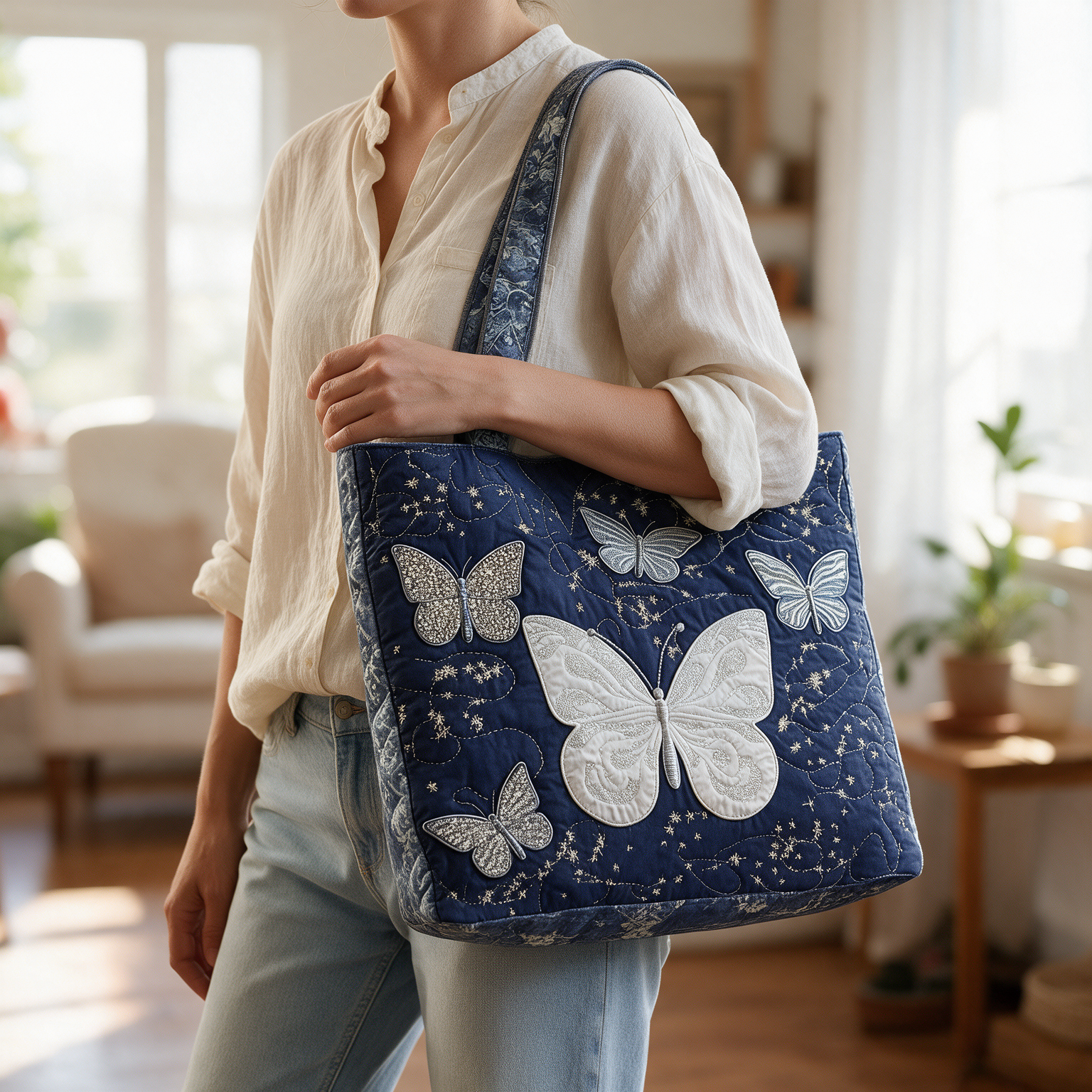 Bev quilted tote bag worn on the shoulder