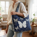 Bev quilted tote bag worn on the shoulder