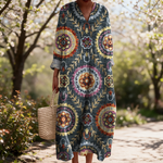 Cameline spring dress in a sunlit garden