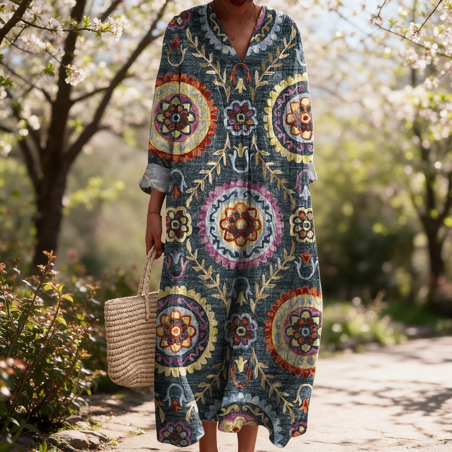 Cameline spring dress in a sunlit garden