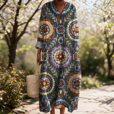 Cameline spring dress in a sunlit garden