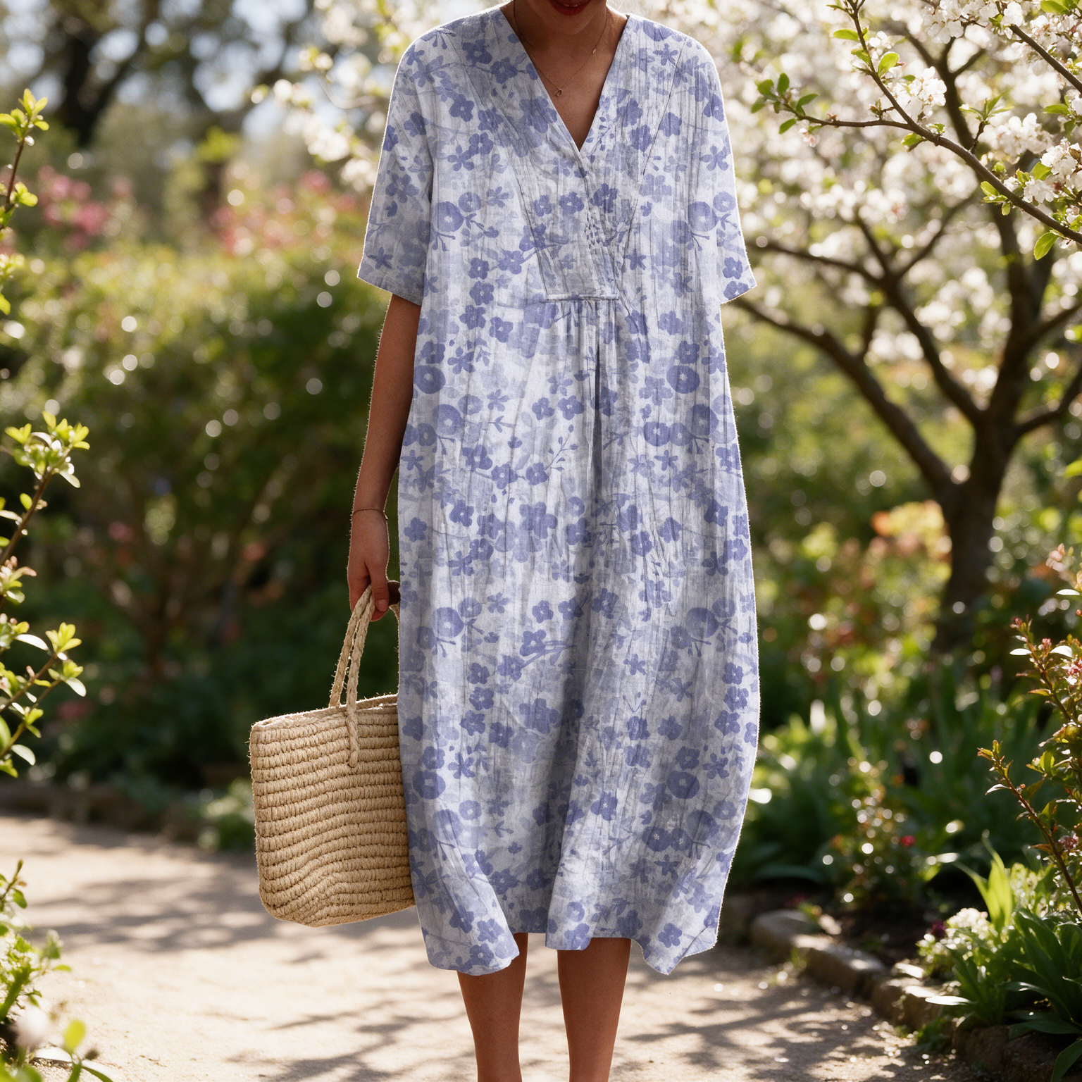Nadine spring dress in a sunlit garden