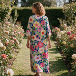 Fleur spring dress back view on a garden path