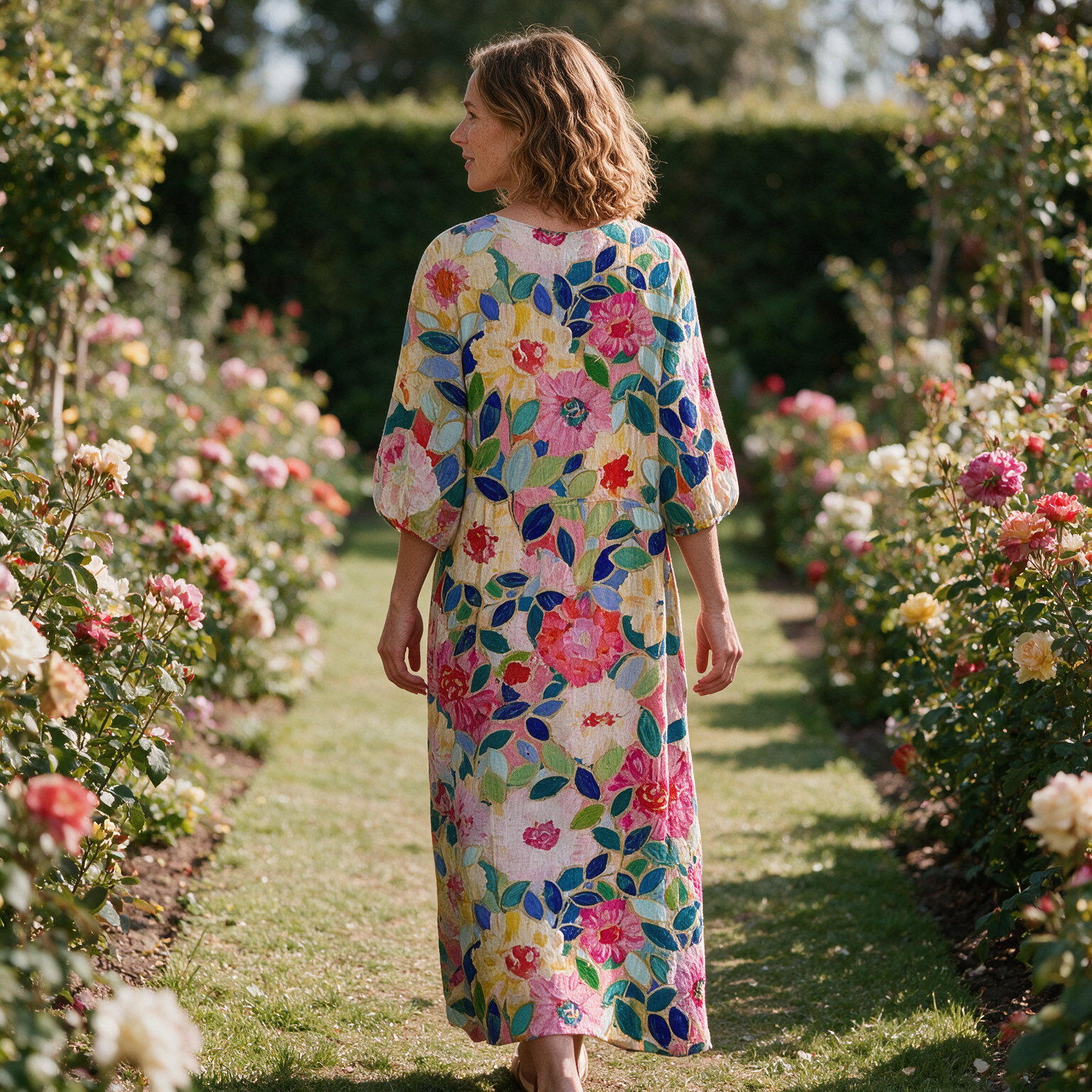 Fleur spring dress back view on a garden path
