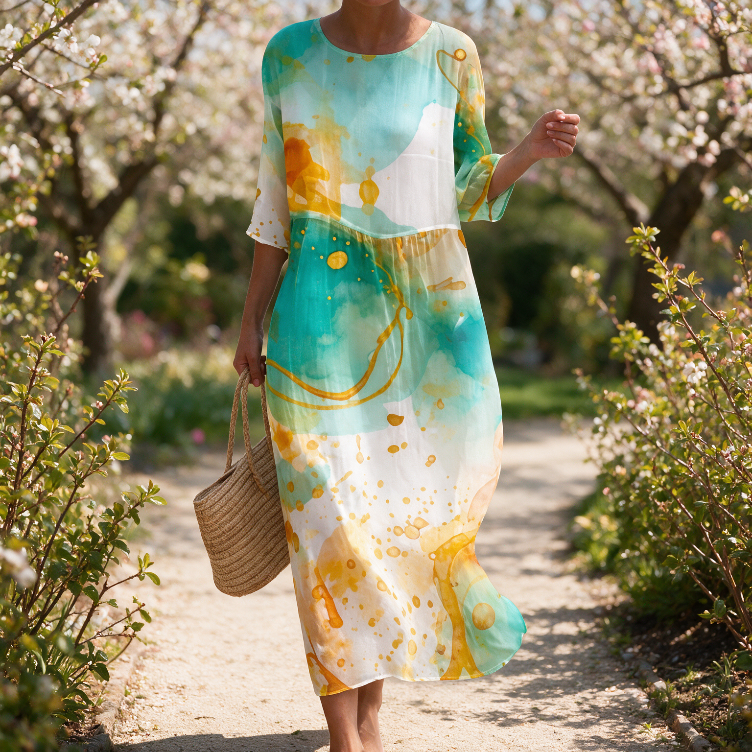 Tahlia spring dress in a sunlit garden