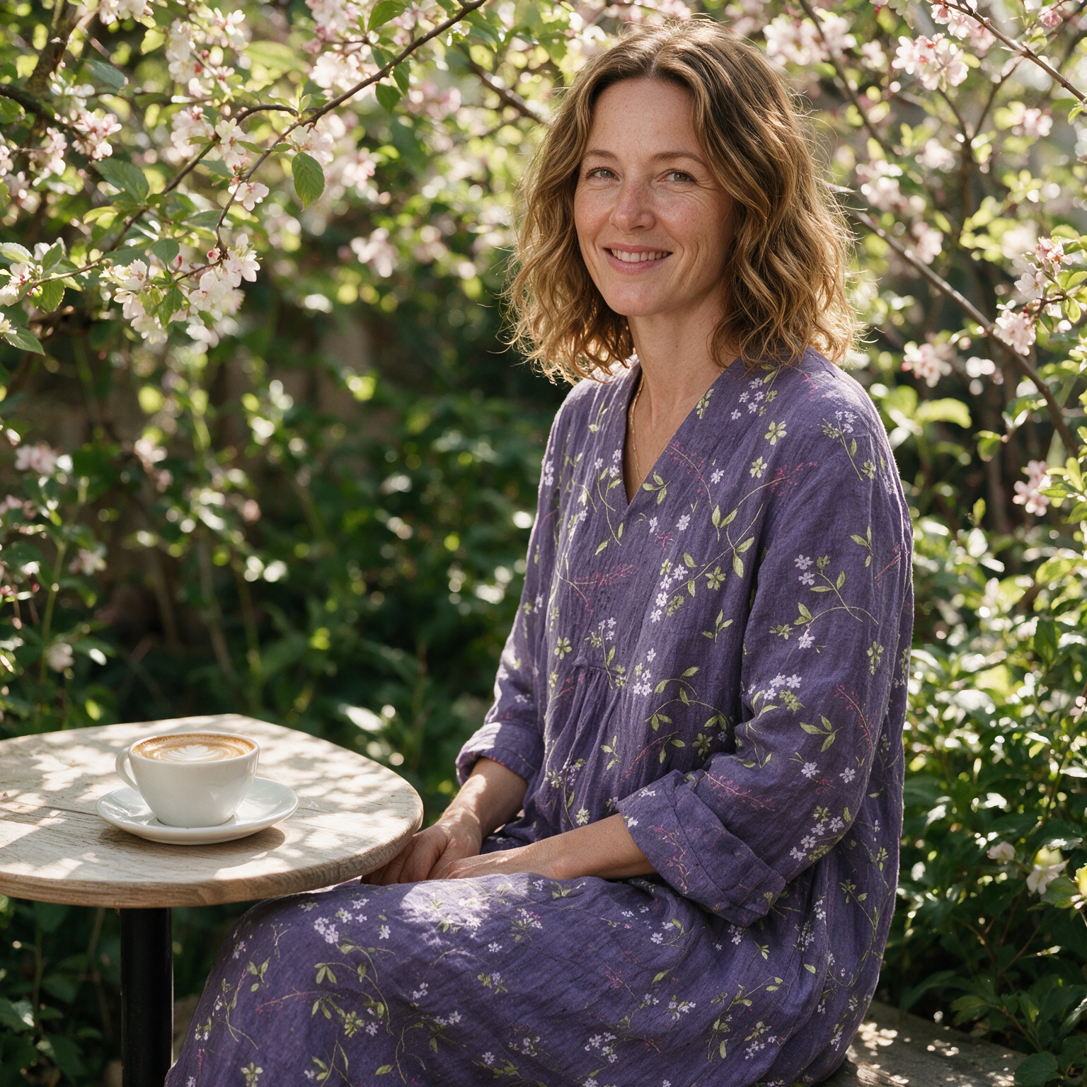 Michelle spring dress three quarter view at an outdoor cafe