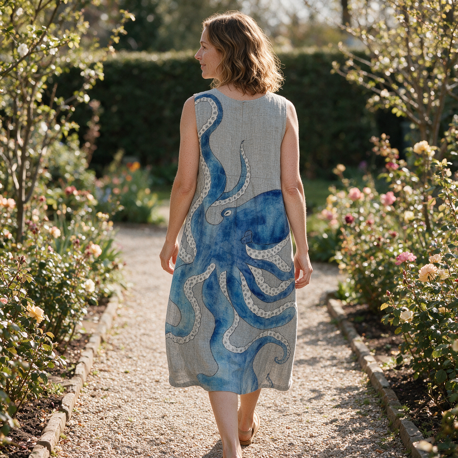 Leonie spring dress back view on a garden path