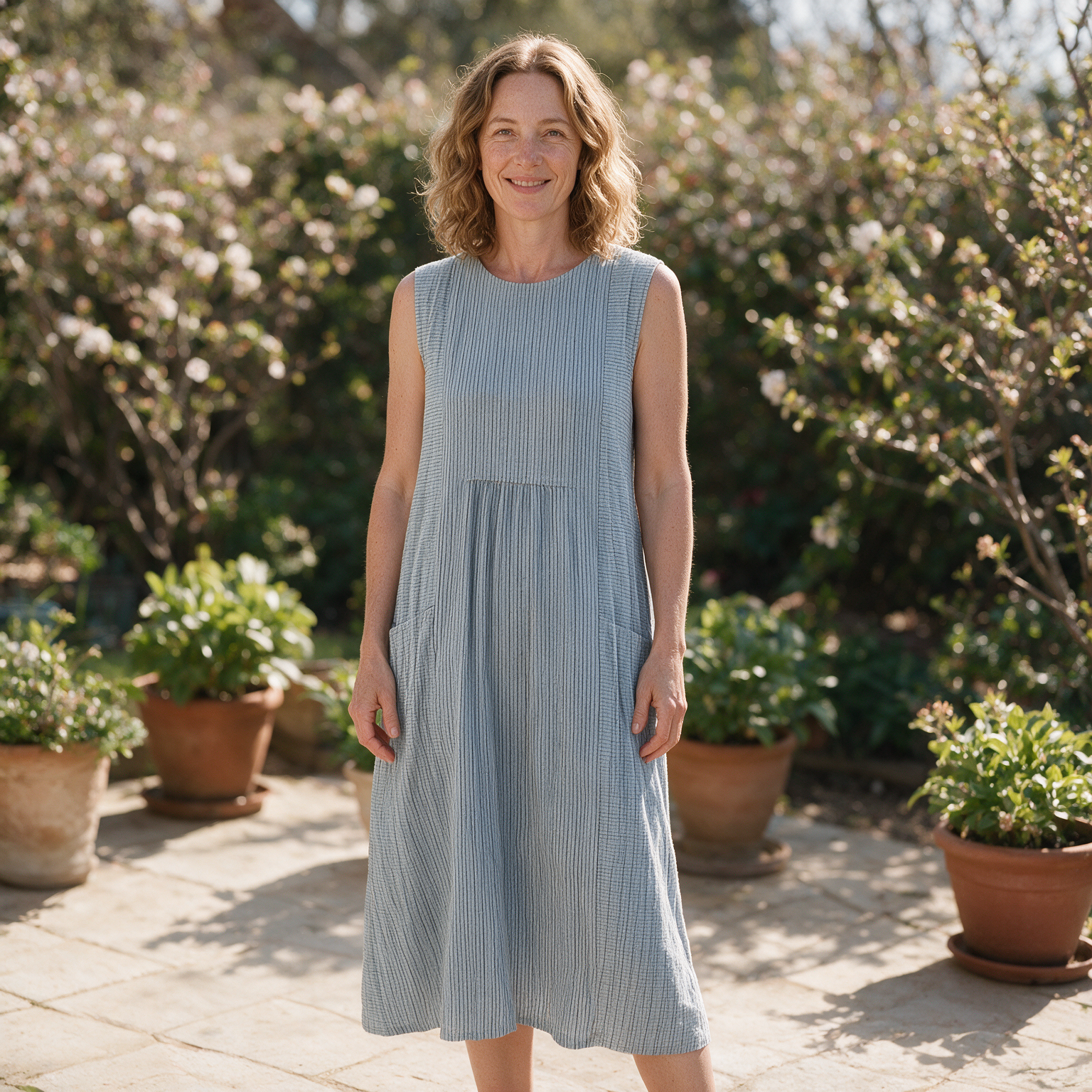 Marlene spring dress front view on garden terrace