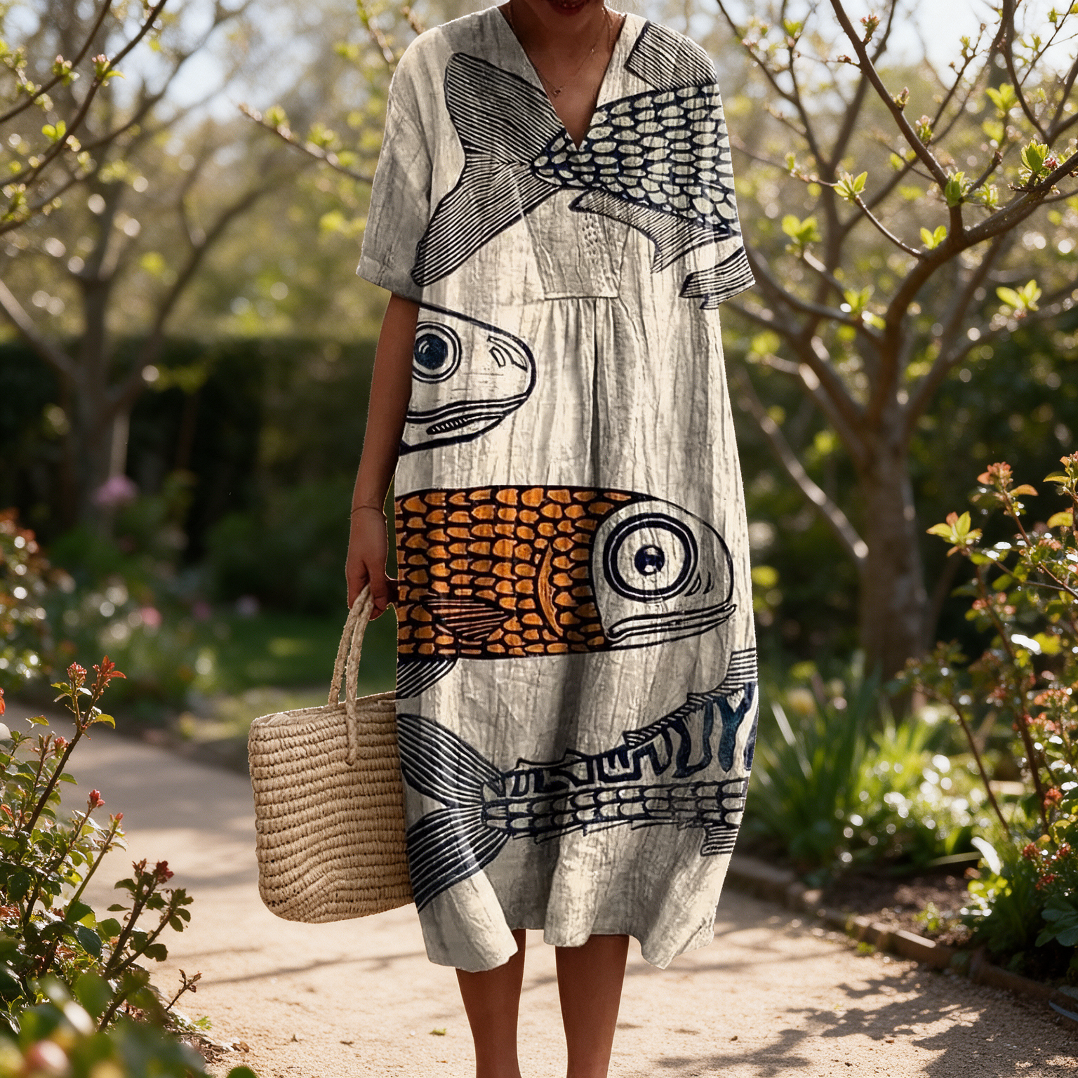 Margie spring dress in a sunlit garden