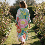 Linaëlle spring dress back view on a garden path