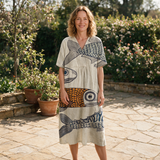 Margie spring dress front view on garden terrace