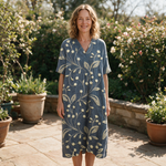 Marika spring dress front view on garden terrace