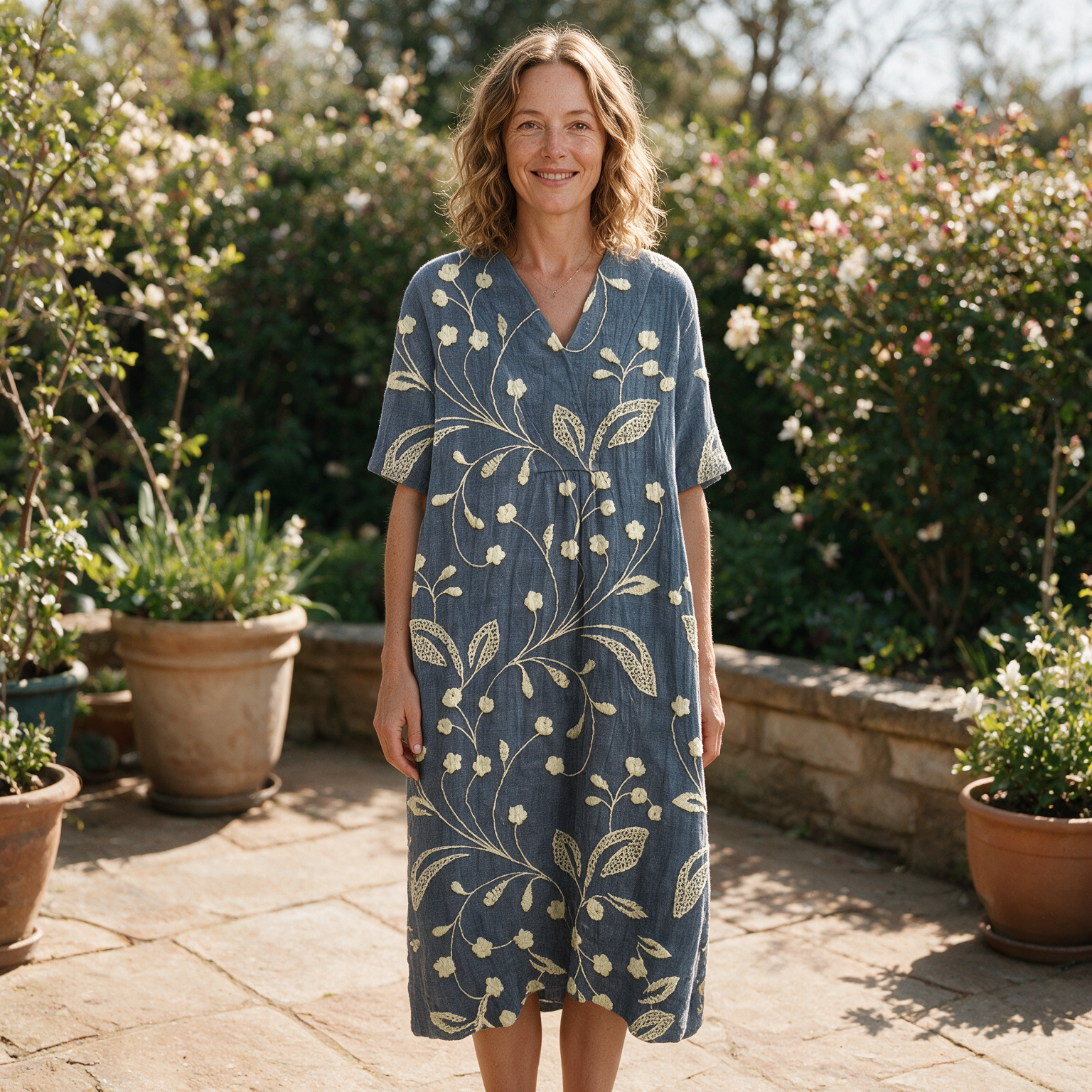 Marika spring dress front view on garden terrace